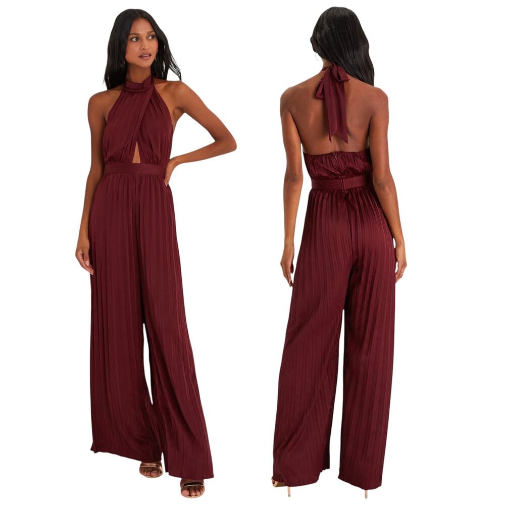 Lulus Confident Impression Burgundy Satin Pleated Halter Jumpsuit size XXS NWT